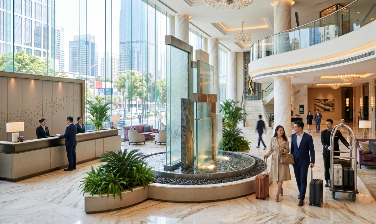 Fontanna wewnętrzna w lobby hotelu 4–5 gwiazdkowego – komfort akustyczny i estetyka przestrzeni hotelowej