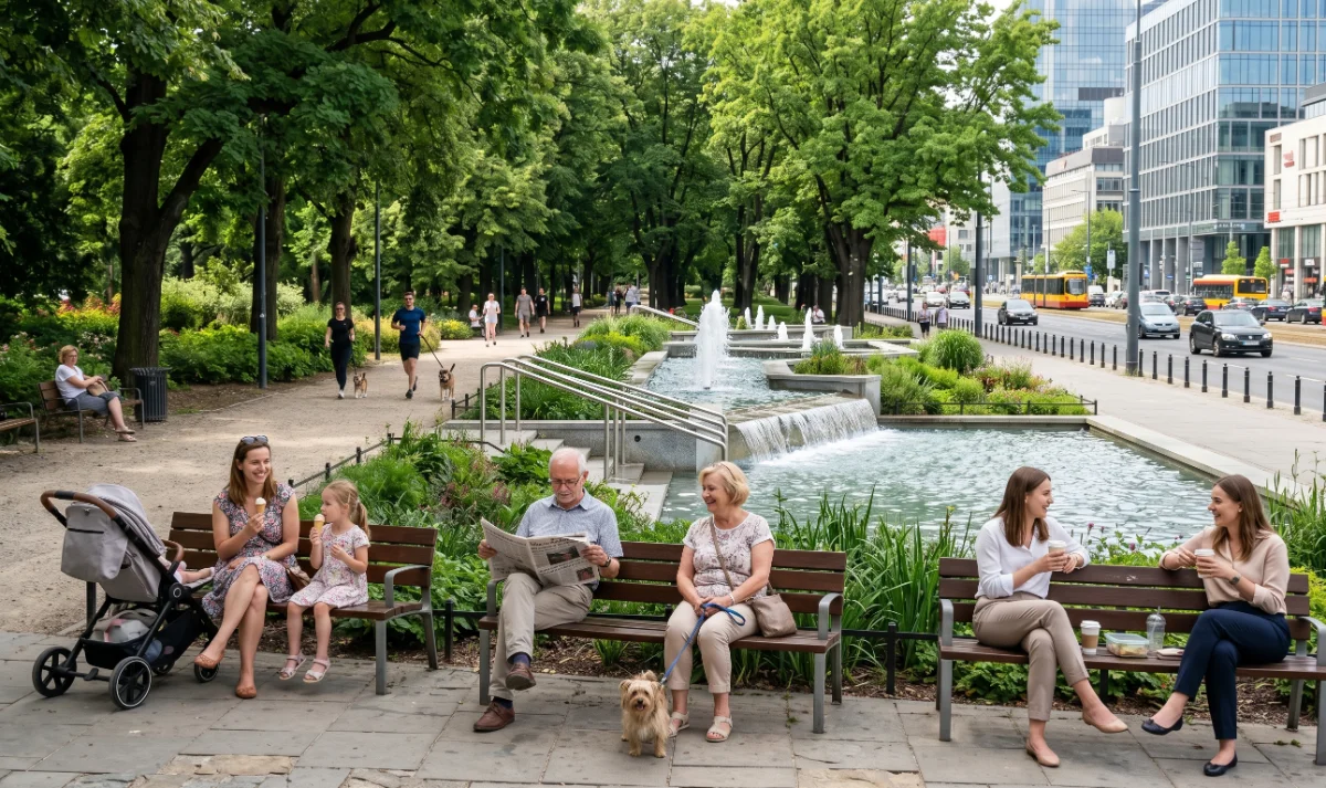 Kaskada fontannowa w parku miejskim tworząca strefę ciszy przez maskowanie hałasu drogowego