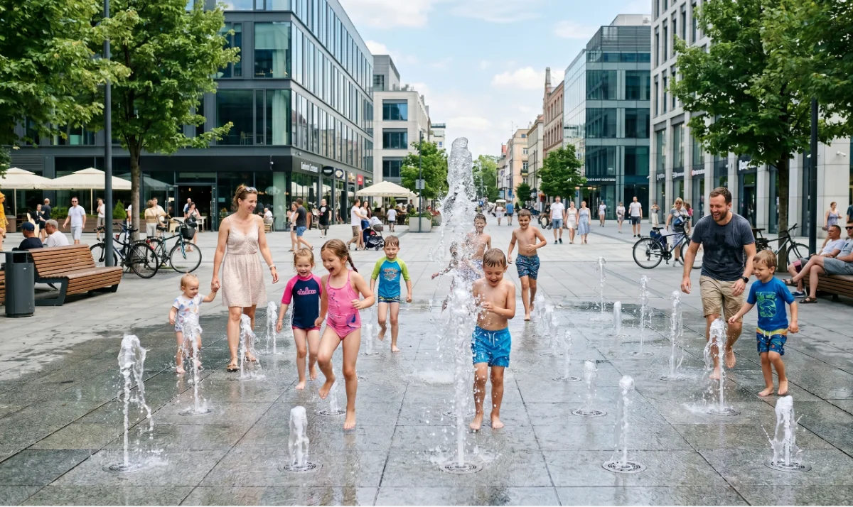 Fontanna dry-plaza z dyszami wodnymi w przestrzeni publicznej – bezpieczeństwo mikrobiologiczne, Legionella i normy SANEPID