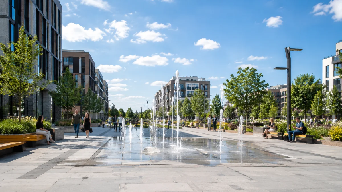 Plac miejski z fontanną oraz ławkami i latarniami zaprojektowanymi jako spójna mała architektura