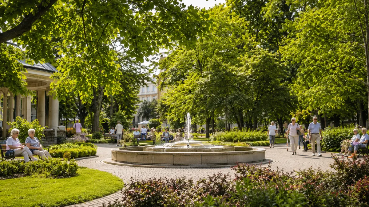 Fontanna w parku zdrojowym uzdrowiska Fontanna w parku zdrojowym uzdrowiska z kuracjuszami odpoczywającymi na ławkach wśród zieleni