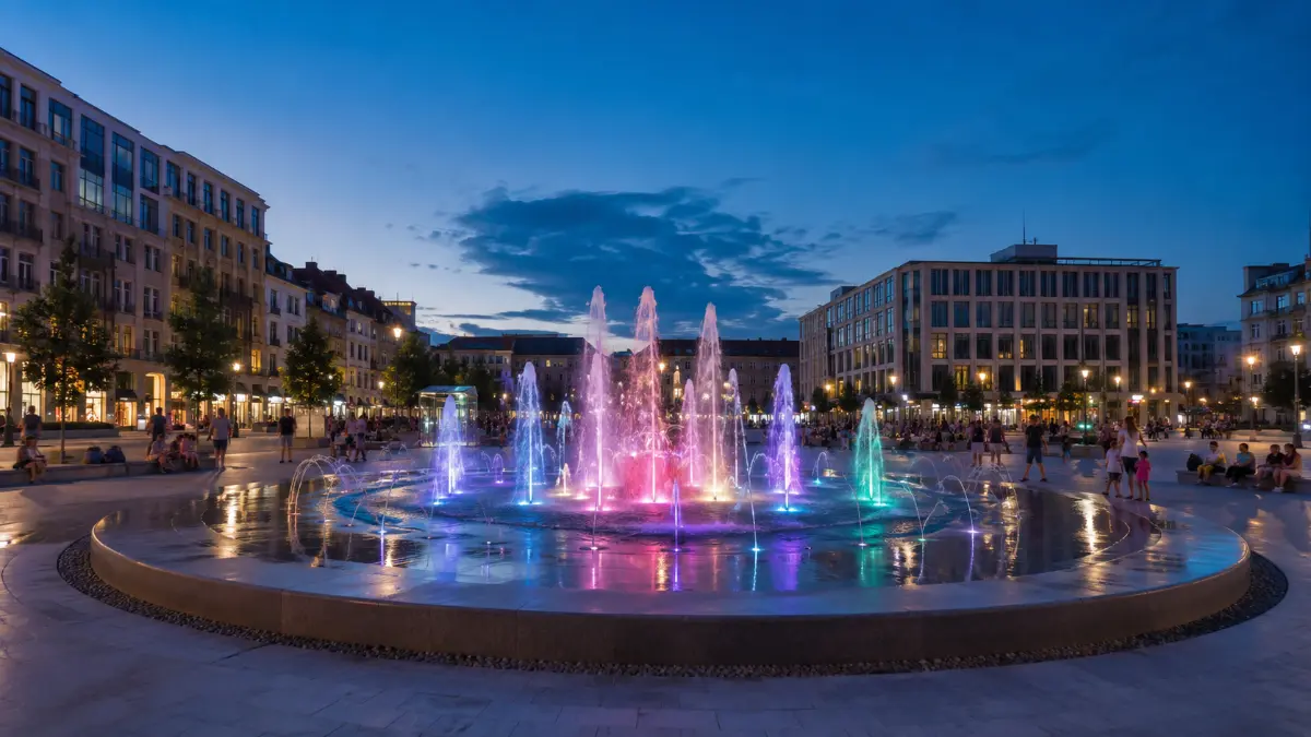 Fontanna miejska z podświetleniem RGB i ludźmi w tle — modernizacja sterowania PLC i DMX