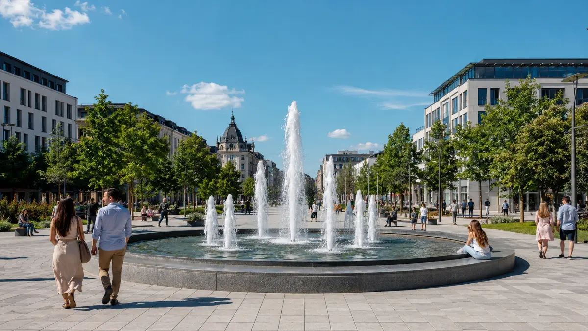 Powłoki ochronne antygraffiti i hydrofobowe dla fontann miejskich Fontanna miejska z granitową nieckką zabezpieczoną powłoką antygraffiti i hydrofobową na placu