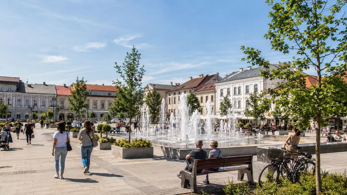 Przyłącza dla fontanny miejskiej – woda, kanalizacja i energia Fontanna miejska na placu w mieście, ludzie odpoczywają obok wody – przyłącza dla fontanny i koszty eksploatacji