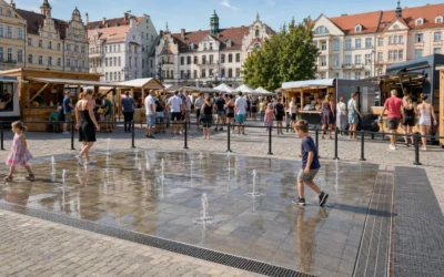 Jarmark, scena i food trucki na płycie rynku – jak chronić fontannę podczas imprez masowych i projektować plac „eventoodporny”