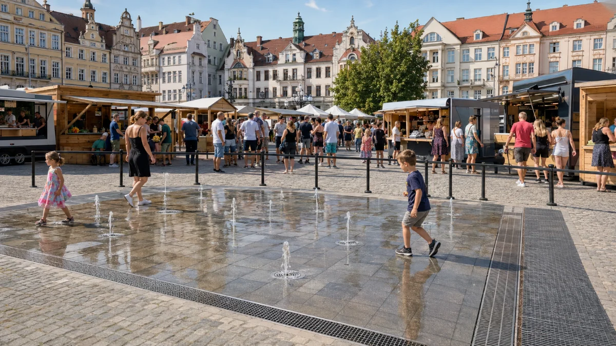 Fontanna na płycie miejskiego rynku podczas imprezy masowej ze stoiskami i tłumem odwiedzających
