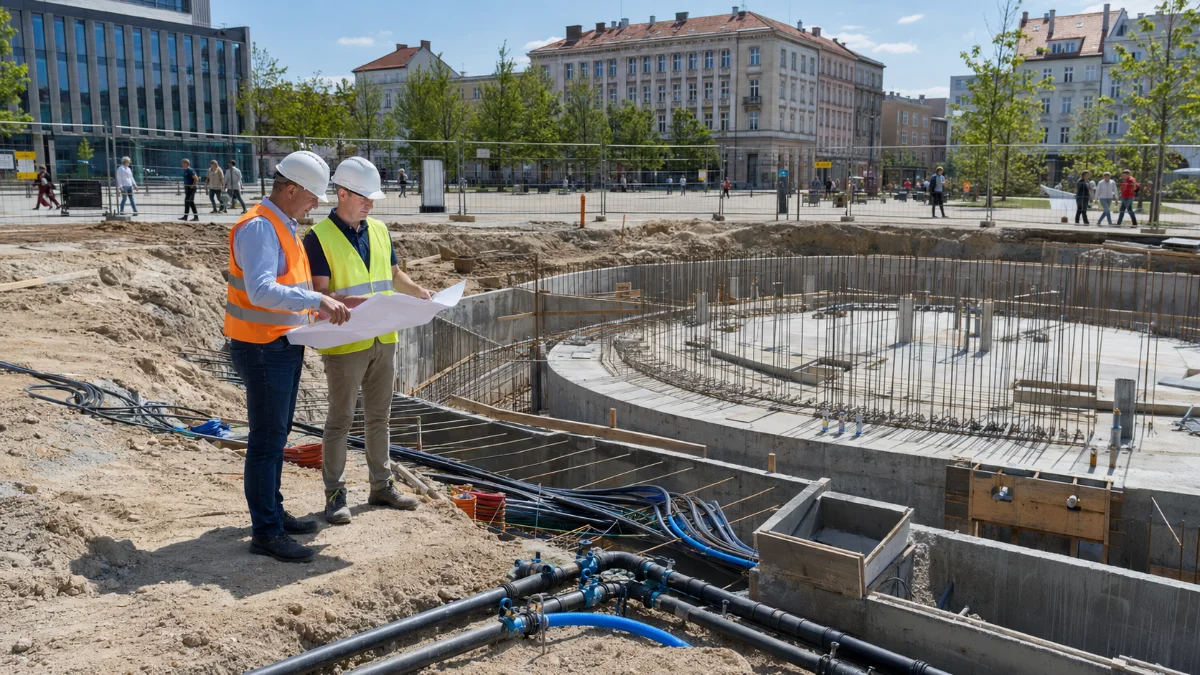 Inspektor nadzoru inwestorskiego kontroluje roboty na budowie fontanny miejskiej przed zakryciem instalacji