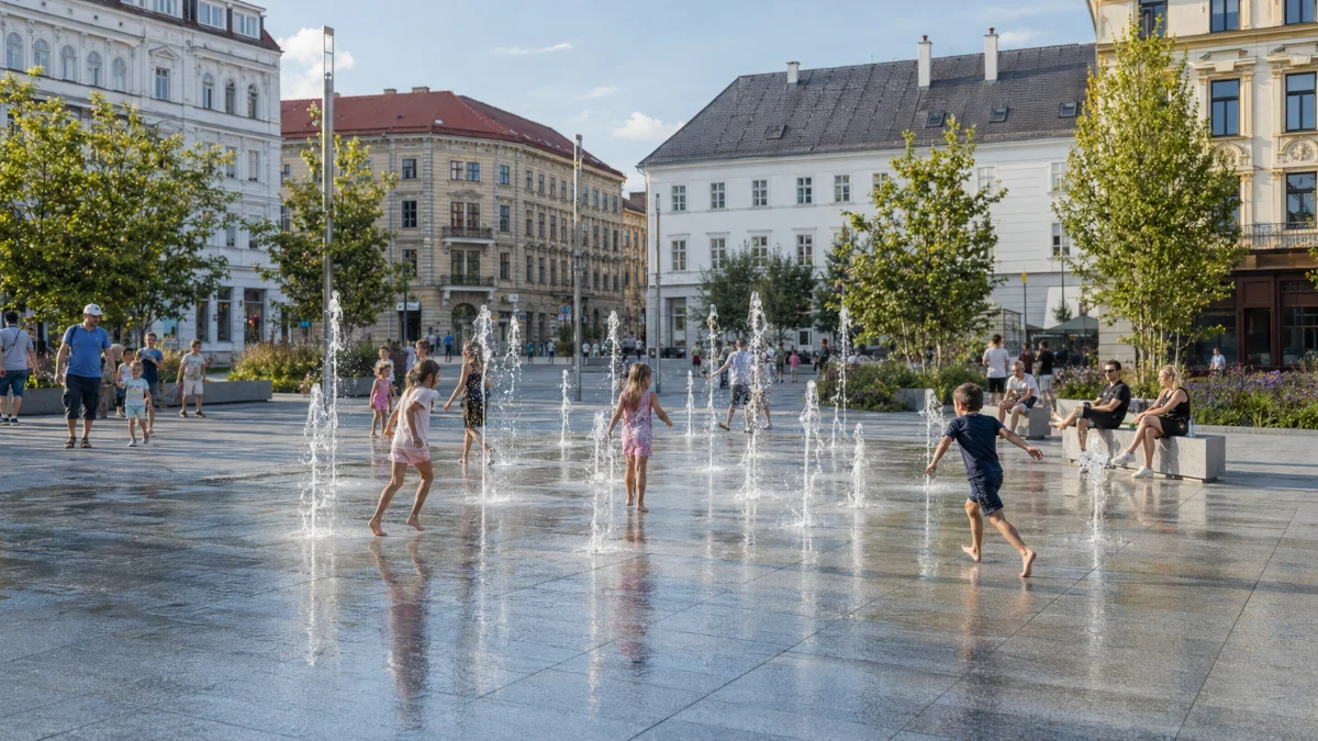 Konwersja fontanny nieckowej na fontannę suchą na placu miejskim Fontanna sucha po konwersji fontanny nieckowej na placu miejskim, dzieci wśród strumieni wody