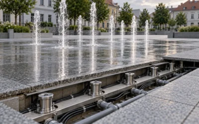 Fontanna posadzkowa (dry plaza) na rynku: projekt komory technologicznej, odwodnienia, nawierzchni i dysz – specyfikacja dla zamawiającego