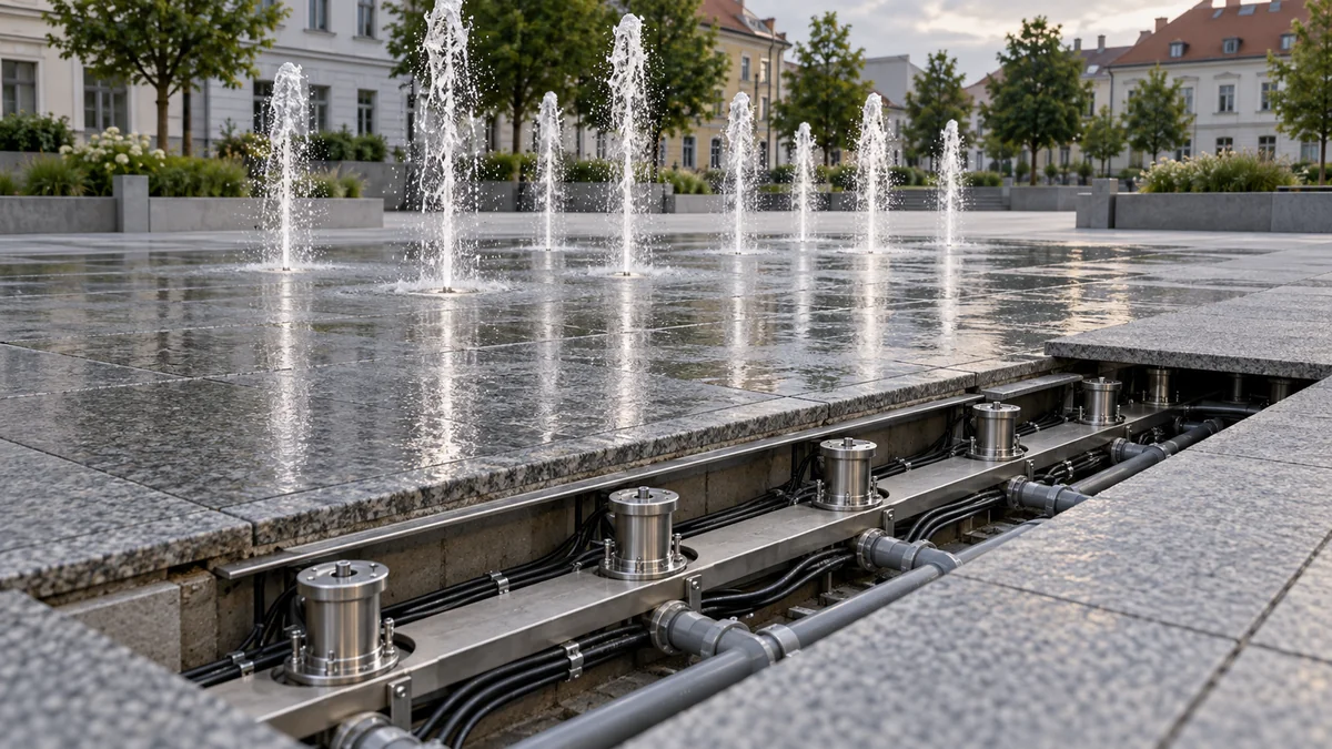 Fontanna posadzkowa dry plaza na miejskim rynku o zmierzchu Strumienie wody z dysz posadzkowych na granitowej płycie miejskiego rynku, przechodnie w tle