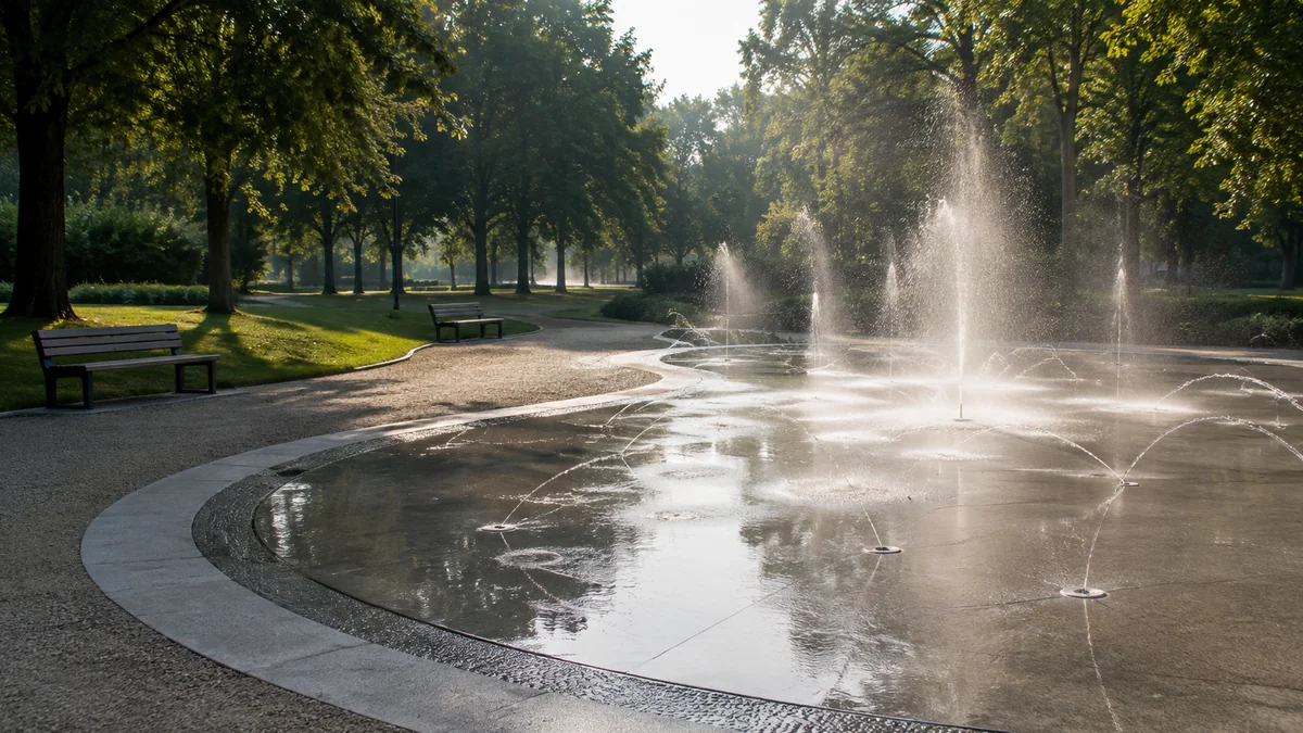 Wodny plac zabaw z dyszami mgławiącymi na jasnej nawierzchni w parku miejskim, poranek, ławki i drzewa w tle